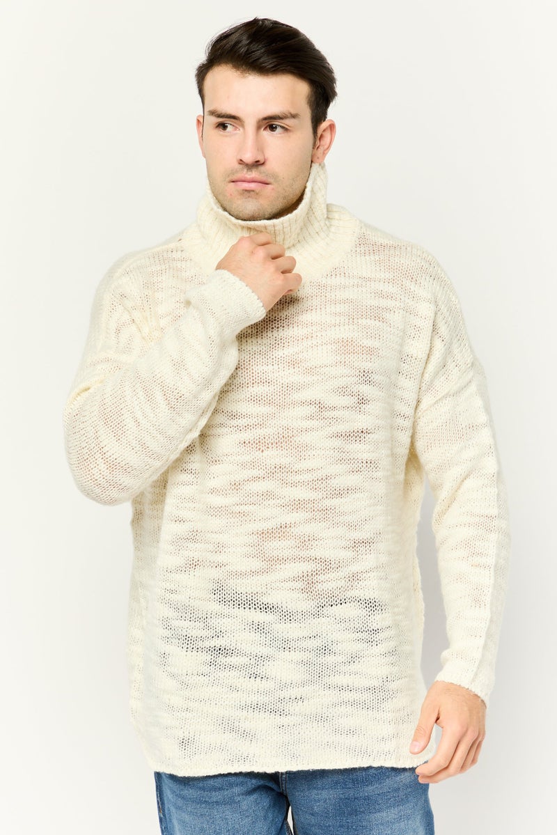 Asos Design Men High Neck Crochet Long Sleeves Sweater, Off White - Image 1